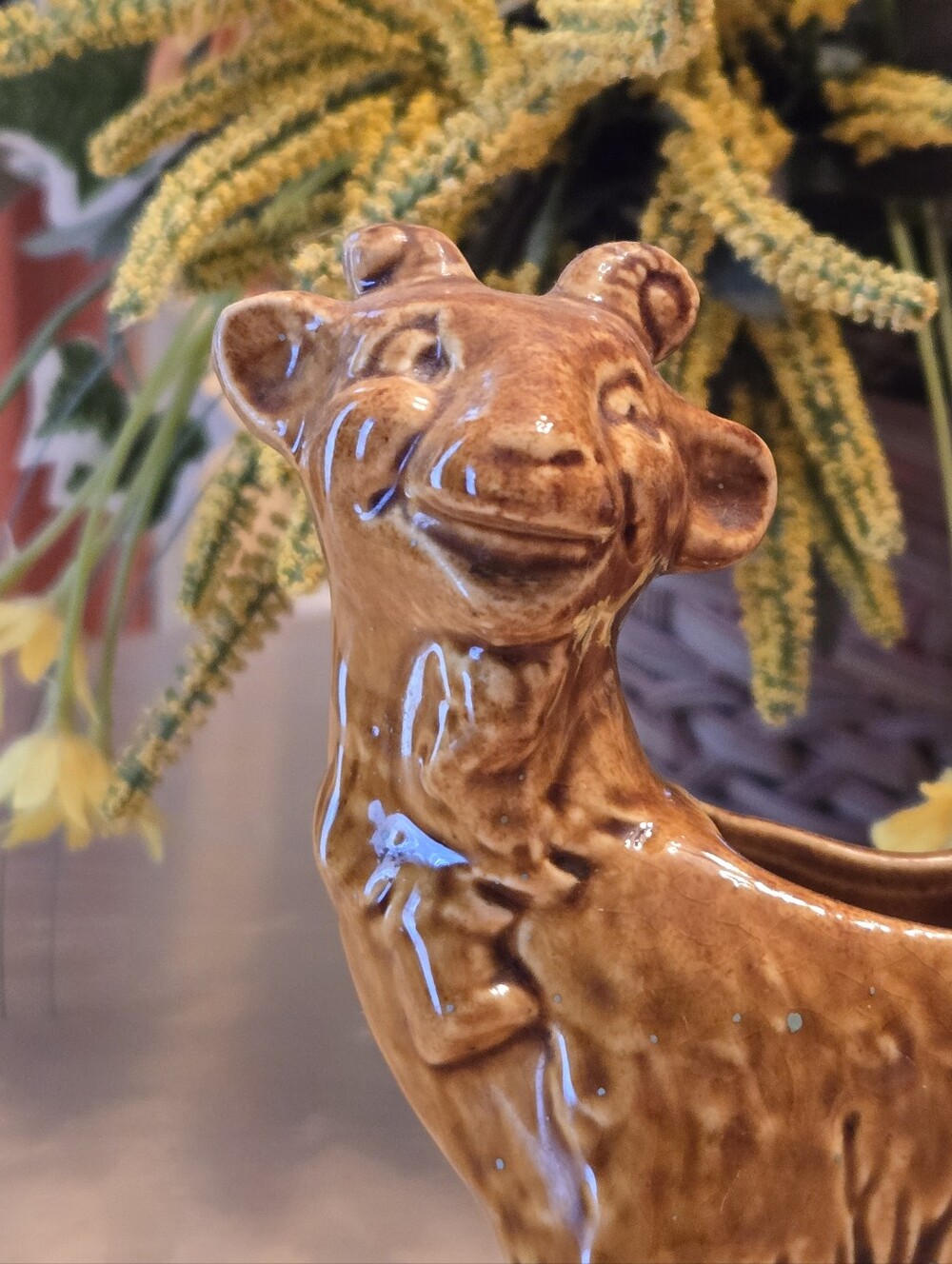 Vintage Brown Ceramic Llama Alpaca Planter Cachepot 5" Farmhouse Pottery Decor